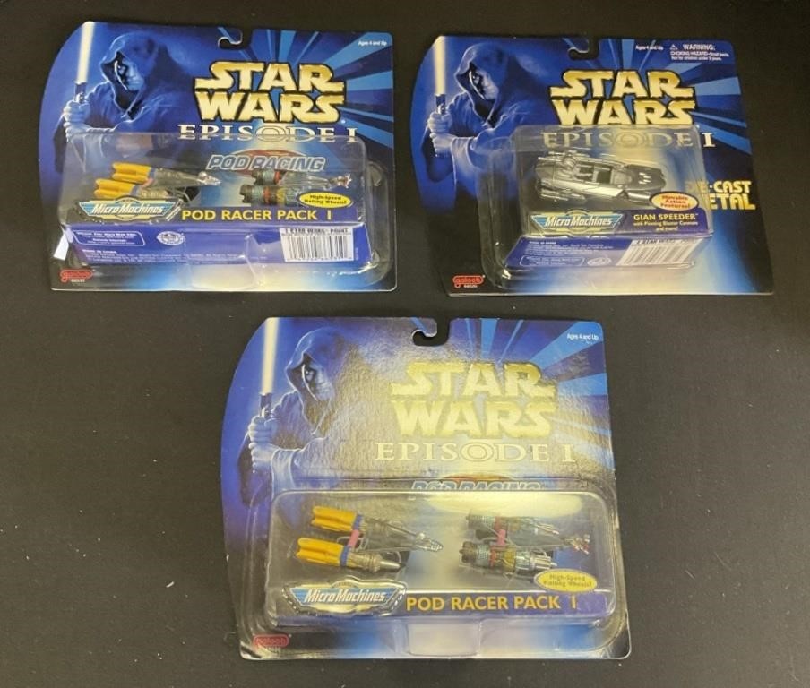 3 NOS Star Wars Micro Machines Pod Racing Toys.