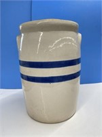 Blue Striped Crock with Lid - Cracked