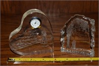 (2) Etched Prose Crystal Pieces w/ Heart Clock