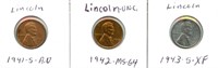 3 Lincoln Cents - 1941-S (AU), 1942 (MS-64) &