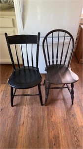 To antique wood side chairs, one is painted black
