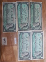 1967 Canadian $1 Bills w/ Serial Numbers(Lot of 5)