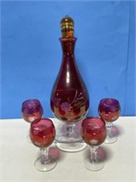 Cranberry Glass Decanter And 4 Small Glasses