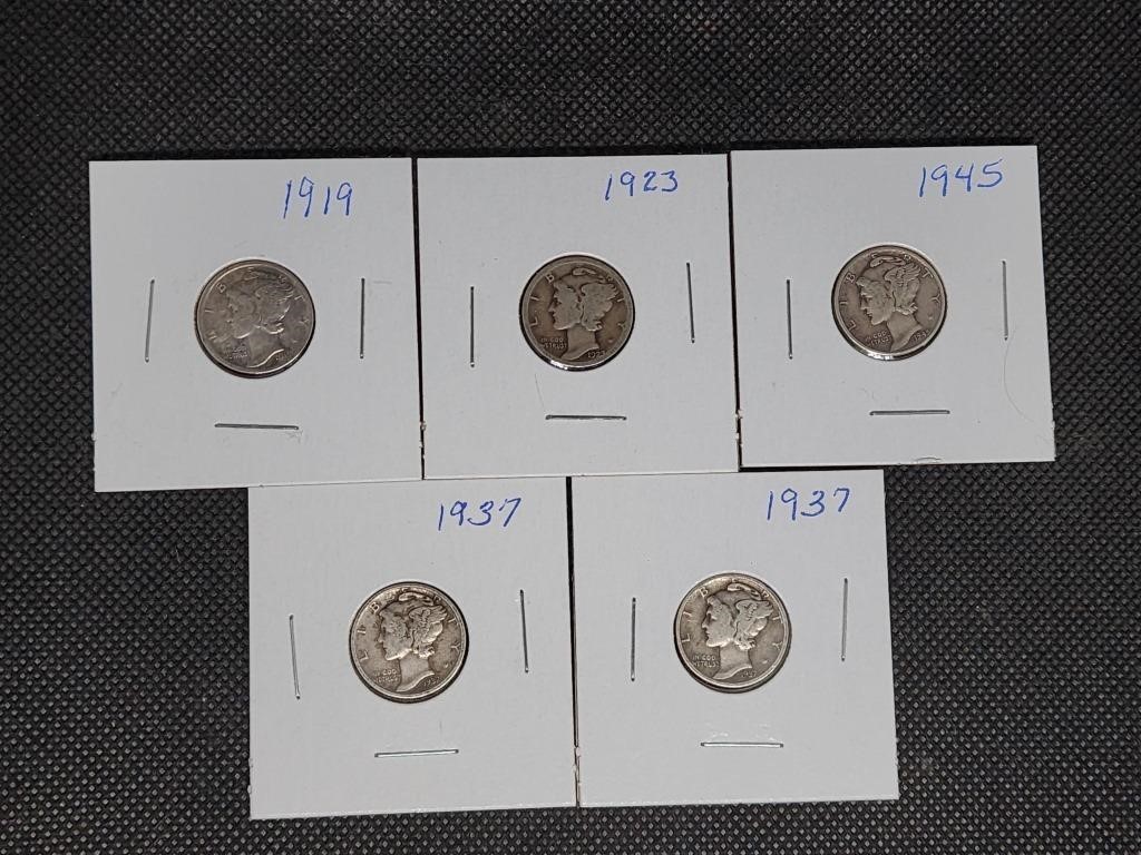 Lot of 5 Mercury Dimes: 1919, 1923, 2- 1937, &