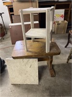 Wooden bench, and small plant table w/ marble