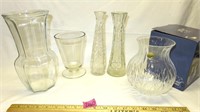 Vases: 1 Crystal, 2 Starburst Bud Vases, 2 Larger