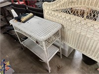 2PC LOT  WICKER TABLE (AS IS) AND FULL HEADBOARD