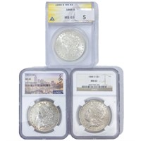 (3) Morgan Silver Dollars NGC/ANACS MS63 (1888,