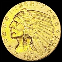 1914 $5 Gold Half Eagle ABOUT UNCIRCULATED