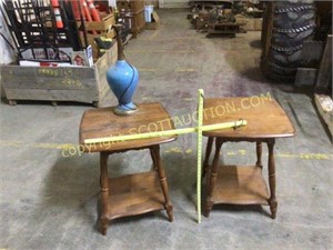2 vintage all wood tall end tables, pottery