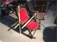 Antique folding wooden rocker chair, red velour