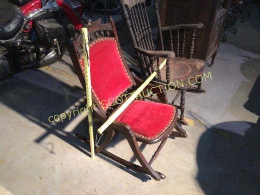Antique folding wooden rocker chair, red velour