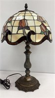 Tiffany style lamp with metal base, roses stained