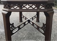 HEAVY GLASS DINING TABLE WITH CUTWORK WOOD BASE