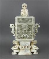 Chinese White Jade Carved Archaic Vase with Cover