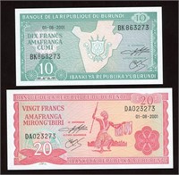 2001 Burundi 10 & 20 Francs Notes