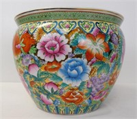 Vintage Chinese Floral Fish Bowl Jardiniere 10x12