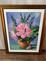 Signed Oil on Canvas Pink Floral Still Life