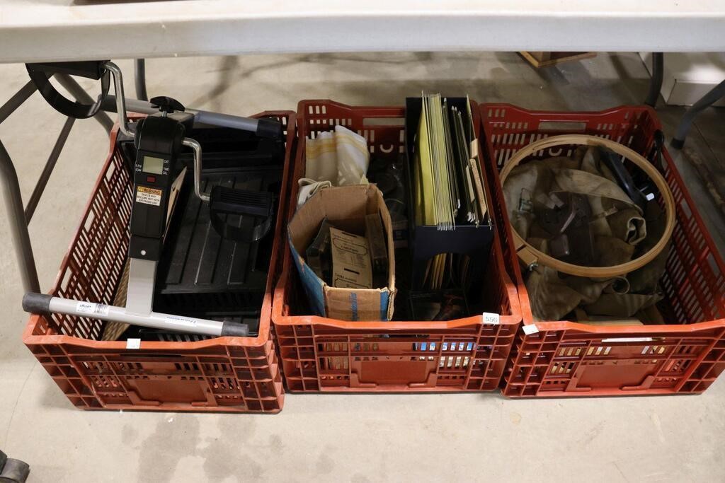 3 TOTES OF ORGANIZERS, PEDAL EXERCISER AND CANVAS