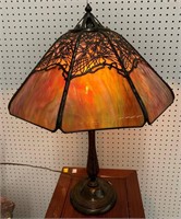 Handel Slag Glass Pine Needle Overlay Table Lamp