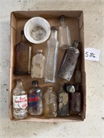 Box of old medicine bottles, and others