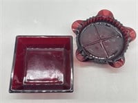 Vintage Ruby Red Glass Ashtray & Square Dish