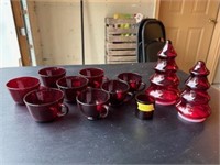 Vintage Ruby Red Tea Cups, Small Cups, Xmas Tree,