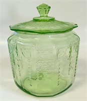 URANIUM GLASS COVERED BISCUIT JAR - SOME CHIPS