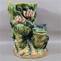 MAJOLICA FROG & FLORAL VASE 8.5" TALL