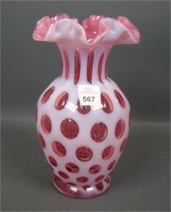 Fenton Cranberry Opal Coin Dot Ruffled Vase