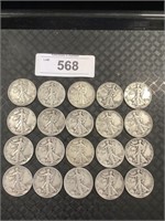 20 Walking Liberty Half Dollars.