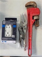 GFCI Outlet, Pipe Wrench and Needle Nose Pliers