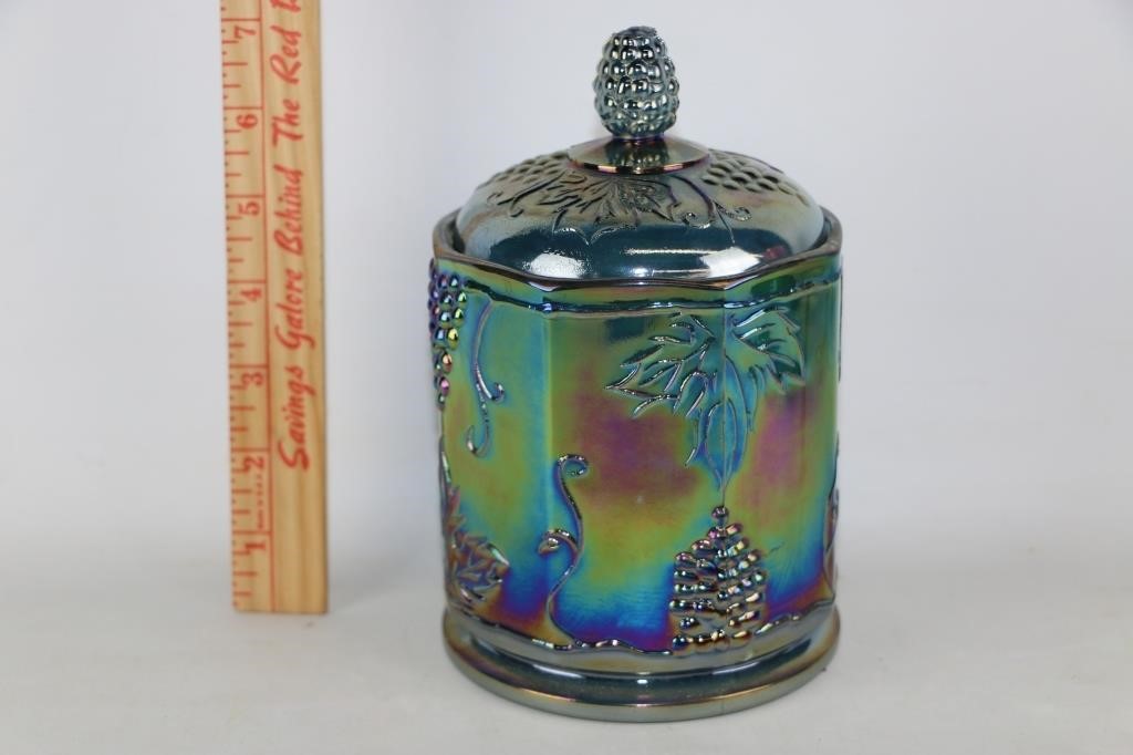 Indiana Blue Grape Harvest Carnival Glass Canister