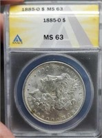 1885-O slab Morgan Silver Dollar, ANACS MS63