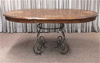 Oval Oak Top Table with Wrought Iron Base