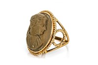 ANTIQUE 10K GOLD AND LAVA STONE CAMEO RING, 8.6g