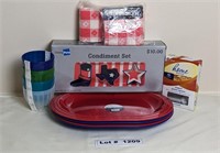 PARTY PLASTIC TRAYS, BOWLS, NAPKINS AND SPOONS