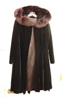 Vintage Black Velvet Fur Trimmed Hooded Coat