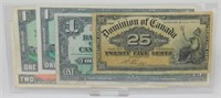 5 Canadian Pieces of Currency: 1900 25¢, 1937 $1,