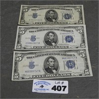 (3) Series 1934 $5 Silver Cerrificates