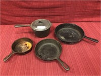 4 pc Cast iron, 3 skillets and pot with lid