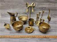 Brass Lot-Candlesticks, Crane, Bowls,