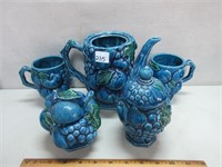 COLORFUL BLUE FRUIT RETRO TEAPOT, CREAM/SUGAR/MUGS