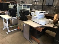 (3) desks, (3) printer carts  paper filing