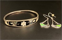 Sterling silver inlay bracelet and earrings 19.42g