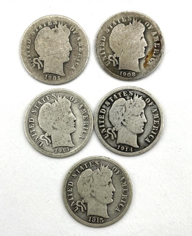 1905-S, 1908-D, 1914, 1914, and 1915 Barber Dimes