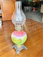 antique painted glass base oil lamp