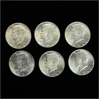 Six 1964 90% Silver Kennedy Half Dollars