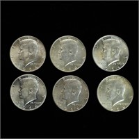 Six 1964 90% Silver Kennedy Half Dollars