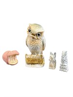 Owl Pin Cushion & 3 Carved Figures